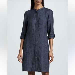 Eileen Fisher Washed  Delave Linen Shirtdress pockets minimalist Lagenlo